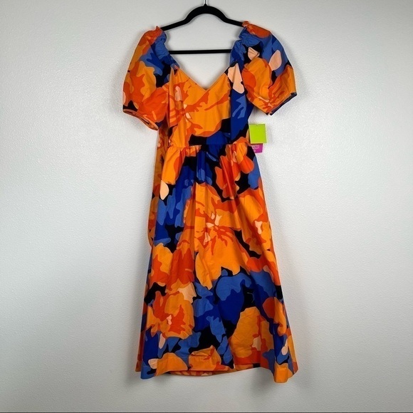 TABITHA Brown Target Puff Sleeve Tie Back Floral Midi Dress Blue Orange NWT - Picture 5 of 10